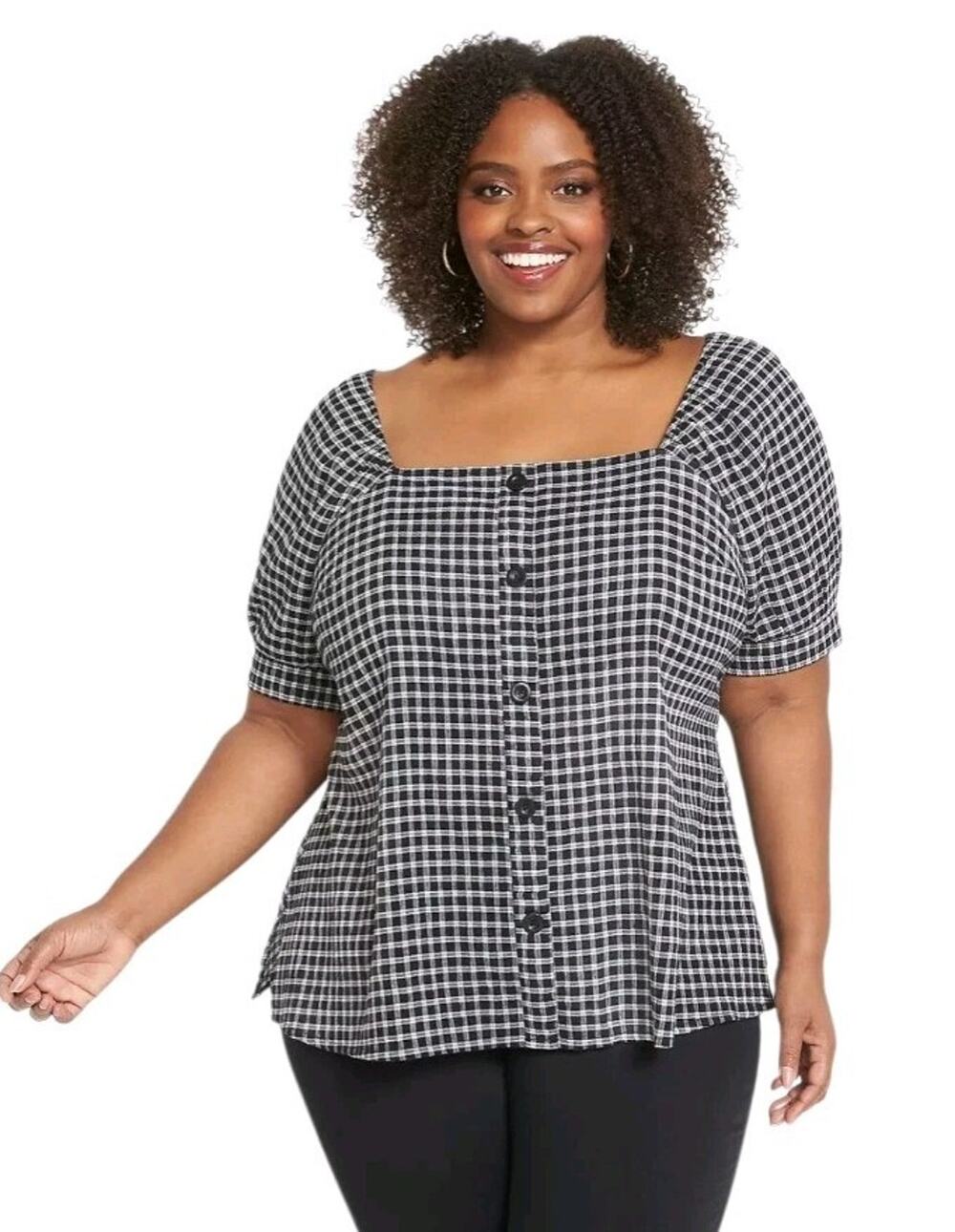Lane Bryant Plus Sz 22 /2X Gingham Plaid Smocked Babydoll Top Square Neck Button